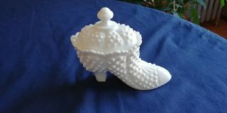 Fenton Art Milk Glass Hobnail Shoe Candy Dish With Lid
