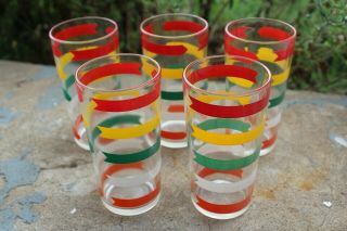 Vintage Anchor Hocking Fiesta Striped Drinking Glasses Set Of 5 Tumblers.