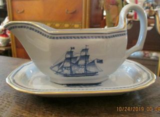 Spode Trade Winds Blue Gravy Boat With Underplate