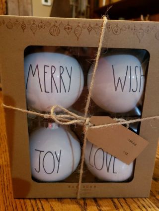 Rae Dunn Ceramic Merry,  Wish,  Joy,  Love Set Of 4 Christmas Ornaments Ll Nib