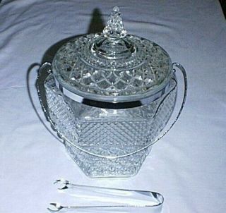 Wexford Diamond Design Glass Ice Bucket Or Cookie Jar With Chrome Handle & Tongs