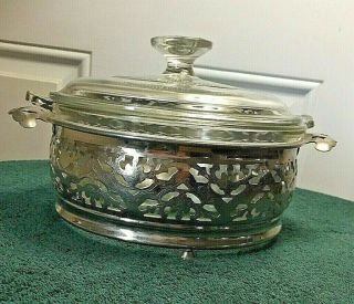 Vintage Pyrex Serving Dish Clear Round Casserole With Lid And Silver Holder
