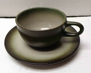 Edith Heath Pottery Sea & Sand Dark Green Speckled Cup & Saucer Set 2