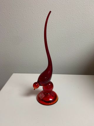 Vintage Viking Glass Ruby Red Long Tail Bird Pre - Owned