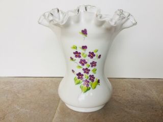 Fenton Hand Painted Violets In The Snow Silver Crest 6 3/4”h Vase Artist Signed