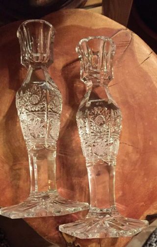 2 Vtg Czechoslovakia Bohemian Hand Cut Lead Crystal Candle Holders Sticks 7 1/2”