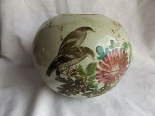 Antique Hand Painted Ginger Jar Birds & Flowers No Lid Signed