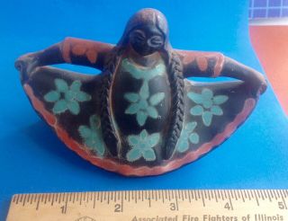 Chulucanas Peru Clay Pottery Signed,  Native Folk Art Woman Dancing 4 X 5 Inch