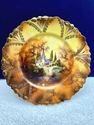 Rs Prussia 6 " D Plate " Castle Scene " Mold 98 W/ Gold Stenciling Red Mark