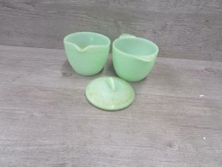 Creamer & Sugar Bowl Fireking Jadeite Color Green Made In The U.  S.  A Glassware