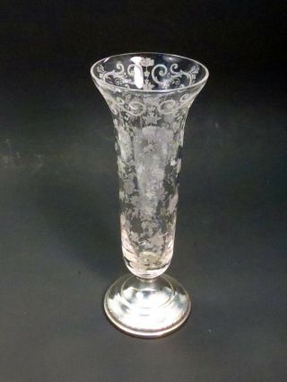 Vintage Etched Cambridge Glass Chantilly Pattern Sterling Base Trumpet Vase