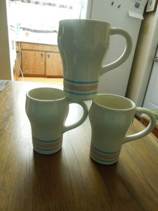 Rare Vintage Mccoy Pink & Blue Stripes Usa Pottery Soda Mugs / Cups