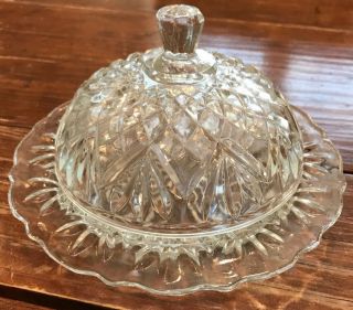 Vintage Cut Glass Round Covered Butter Dish / Cheese Server 4” T 4.  5 Interior