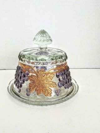 Vintage Grapes Pattern Glass Butter Dish With Lid.  Cut Glass Butter Dish.