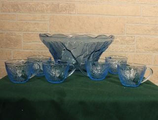 Vintage Kig Indonesia Glass Raised Fruit Punch Bowl Set 6 Cups Rare Blue Color