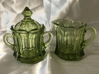 Vintage Green Elegant Glass 6 Scallop Panels Covered Sugar Bowl And Creamer
