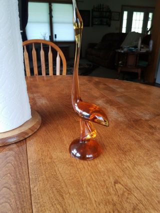 Vintage Viking Glass Amber Egret Long Neck not Tail Bird figurine 10 3/4 