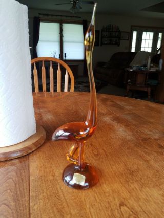 Vintage Viking Glass Amber Egret Long Neck not Tail Bird figurine 10 3/4 