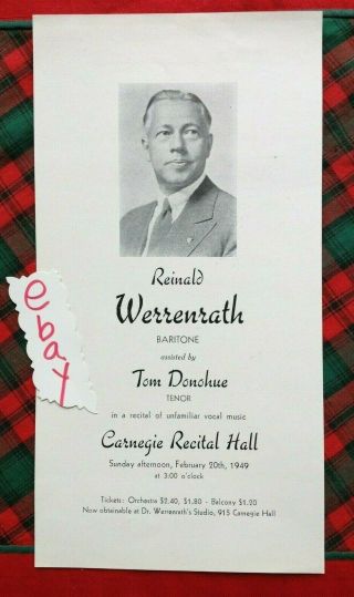 1949 Reinald Werrenrath Carnegie Hall Flyer York City Box D Handbill