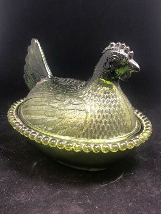 Vintage Indiana Glass Emerald/avocado Green Resting Hen Covered Candy Dish