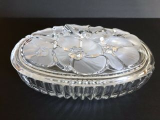 Vintage Crystal Oval Trinket Box Candy Dish With Frosted Flowers On Lid 8 Inches