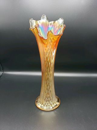 Antique Nine Sixteen Spearhead & Ribs Marigold Carnival Glass Swung Vase 11 "