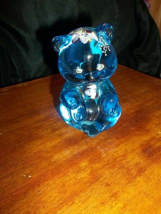 Fenton Glass Artist Signed Fisher Floral Blue Bear Figurine Hand Painted 470