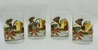 (4) Vintage Culver - Yule Horn Christmas Double Old Fashioned Glasses - Signed