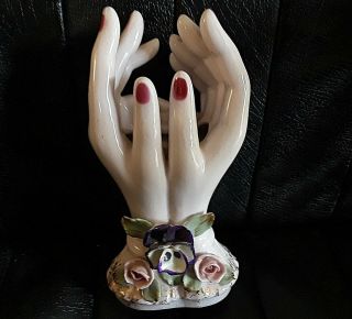 Vintage Woman ' s Hands Vase PINK APPLIED ROSES Purple Violet NAIL POLISH Figural 2