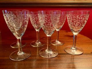 Set Of 6 Vintage Elegant Crystal Etched Vine Pattern Cocktail Or Wine Glasses