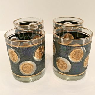 Vintage Libbey Black And Gold Coin Glasses,  Set Of 4,  Whiskey - Cocktail