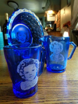Vintage Hazel Atlas Cobalt Blue Glass Shirley Temple Glass Pitcher Bowl Set