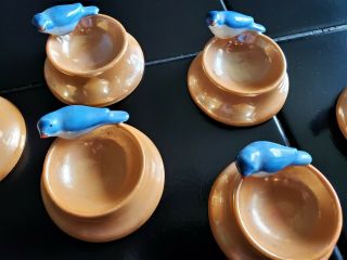 Perfect set of 6 Vintage Blue bird Gold Luster ware Salt Dips Japan 2