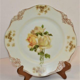 1920s Silesia Porcelain Hand Painted Old Ivory Yellow Roses 8 1/4 " D Dinner Plate