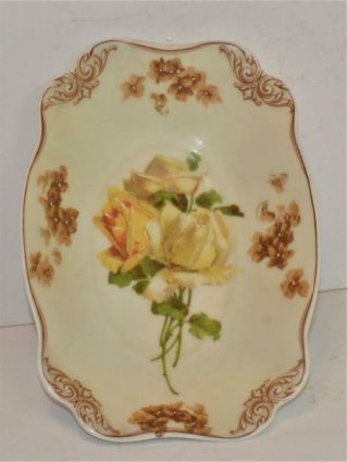1920s Silesia Porcelain Hand Painted Old Ivory Yellow Roses 6 1/2 " Oval Dish