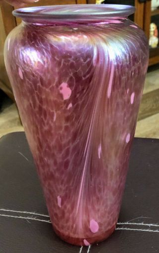 Cambridge ? Art Glass Vase Pink Opalescent Swirl 9 3/4” Studio Swirl