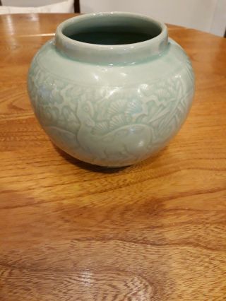 Vintage Korean Celadon Green Glazed Ceramic Vase,  Pot