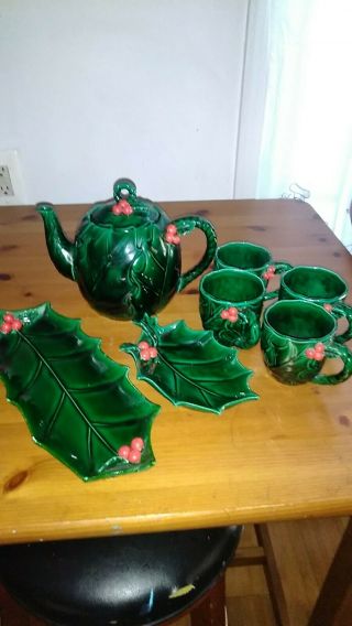 Vintage Lefton’s Green Christmas Holly Berry 7 Pc Tea Set W/ 1357 Teapot Coco