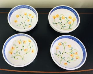 Set Of 4 Caleca Hand Painted 7” Bowls Italy Blue White Yellow Green Floral
