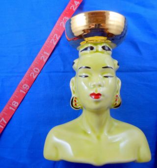 Vintage Head Vase Pottery Exotic Asian African Woman Mid - Century Modern Green