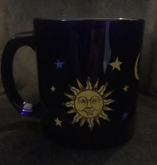 Vintage Libby Libbey Cobalt Blue Celestial Sun Moon And Stars Glass Mug