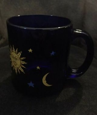 Vintage Libby Libbey Cobalt Blue Celestial Sun Moon And Stars Glass Mug 3