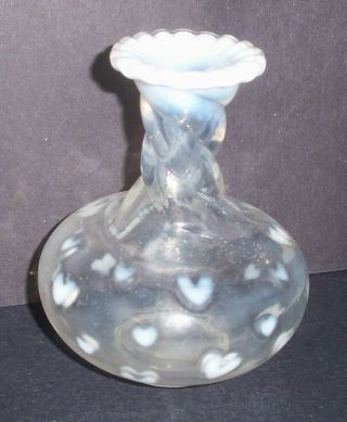 Fenton White Opalescent Heart Optic Coin Dot Vase Rare Vintage