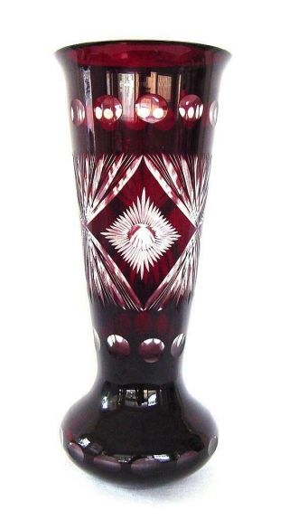 Vtg 1920s Deep Ruby Red Cut To Clear Czech Crystal 11.  25 " Bohemian Glass Vase