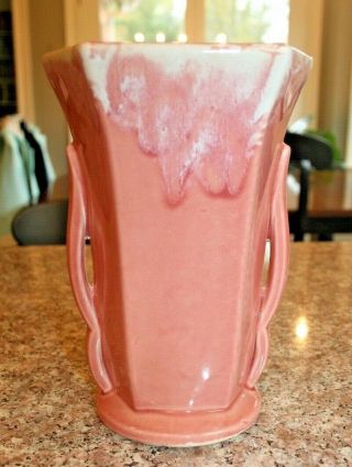 Vintage Mccoy Pottery 8.  25 " Pink And White Double Handled Vase With A Drip Glaze