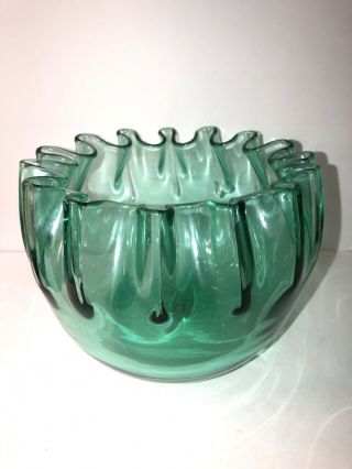 Vintage Blenko Ruffled 15 Crimped Sea Green Bowl 8” By Winslow Anderson 1950s