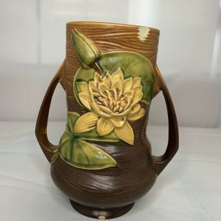 Vintage 1940s Roseville Water Lily Vase 76 - 8 " Brown Double Two Handle Read Desc