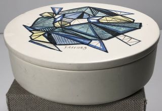 Vintage Sascha Brastoff Mid Century Modern Round Lidded White Ceramic Box