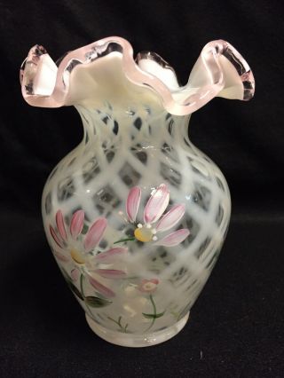 Fenton Optic Lattice Crimped Edges Design Glass Vase Hand Painted And Signed
