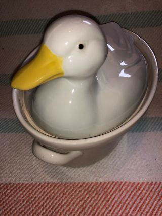 Vintage Hall Carbone White Duck Covered Casserole Dish Soup Tureen With Handles